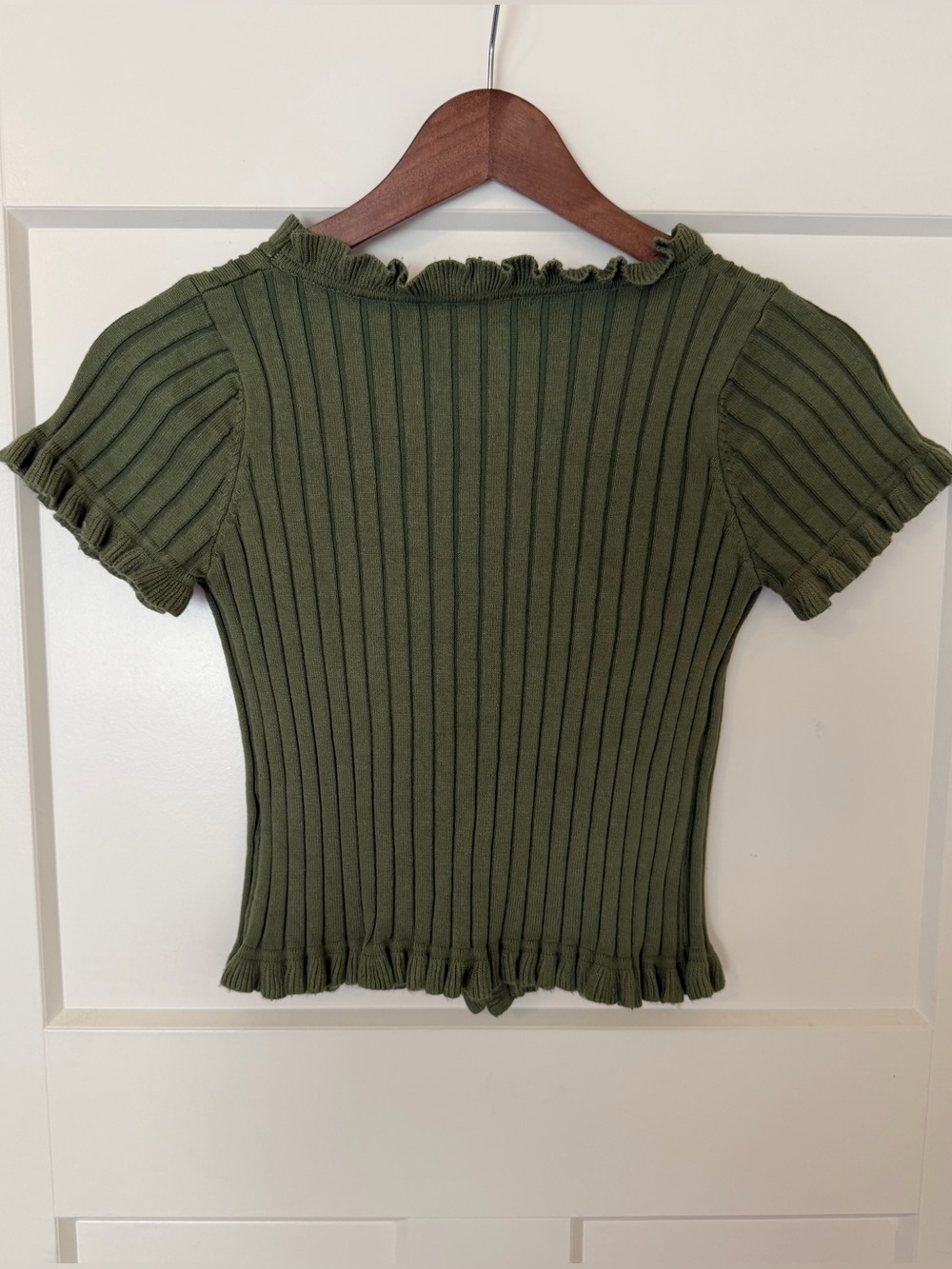 Better Be Olive Green Ruffle-Trim Ribbed Button Cardigan - Picture 3 of 8
